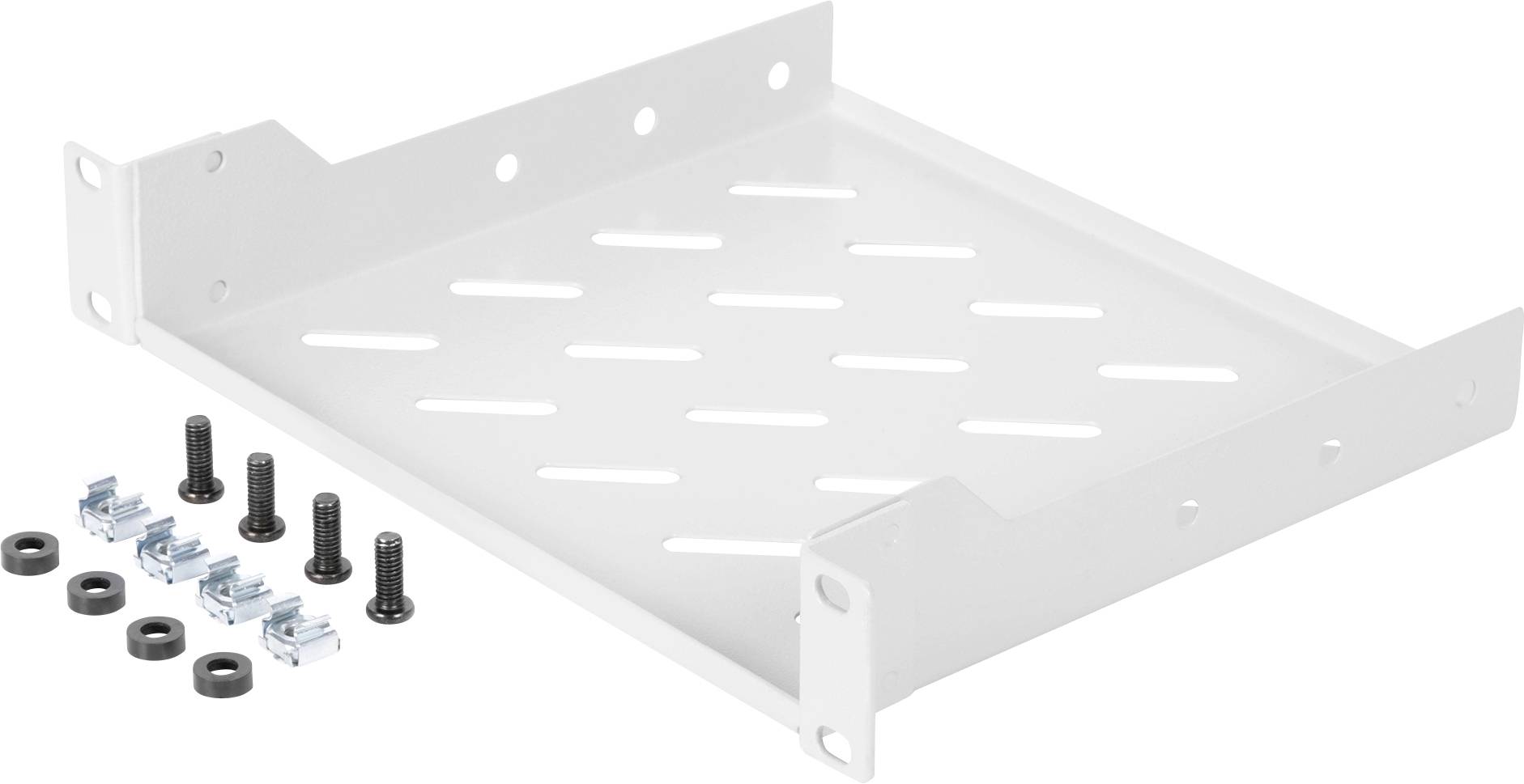 Hvidt metalreol med ventilationssprækker og monteringsmateriale, herunder skruer og møtrikker. Egnet til elektroniske enheder.