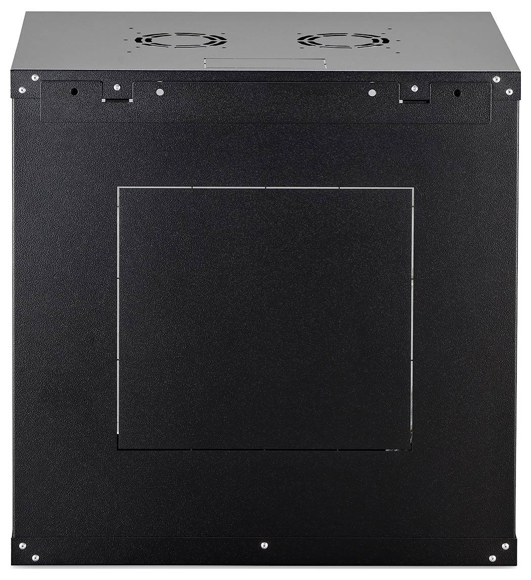 Et sort serverrack-skab med ventilationsblæsere øverst, set forfra. Det er lukket og designet til opbevaring af elektronisk udstyr.