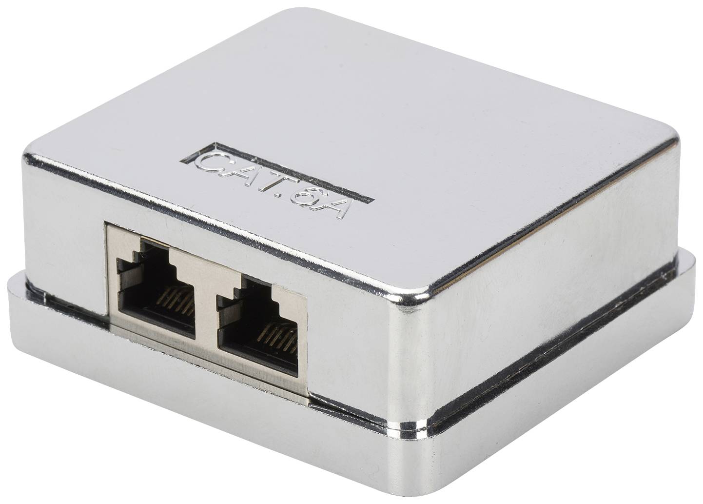 Sølv netværksstik med to Ethernet-porte, mærket 'CAT 6A'.