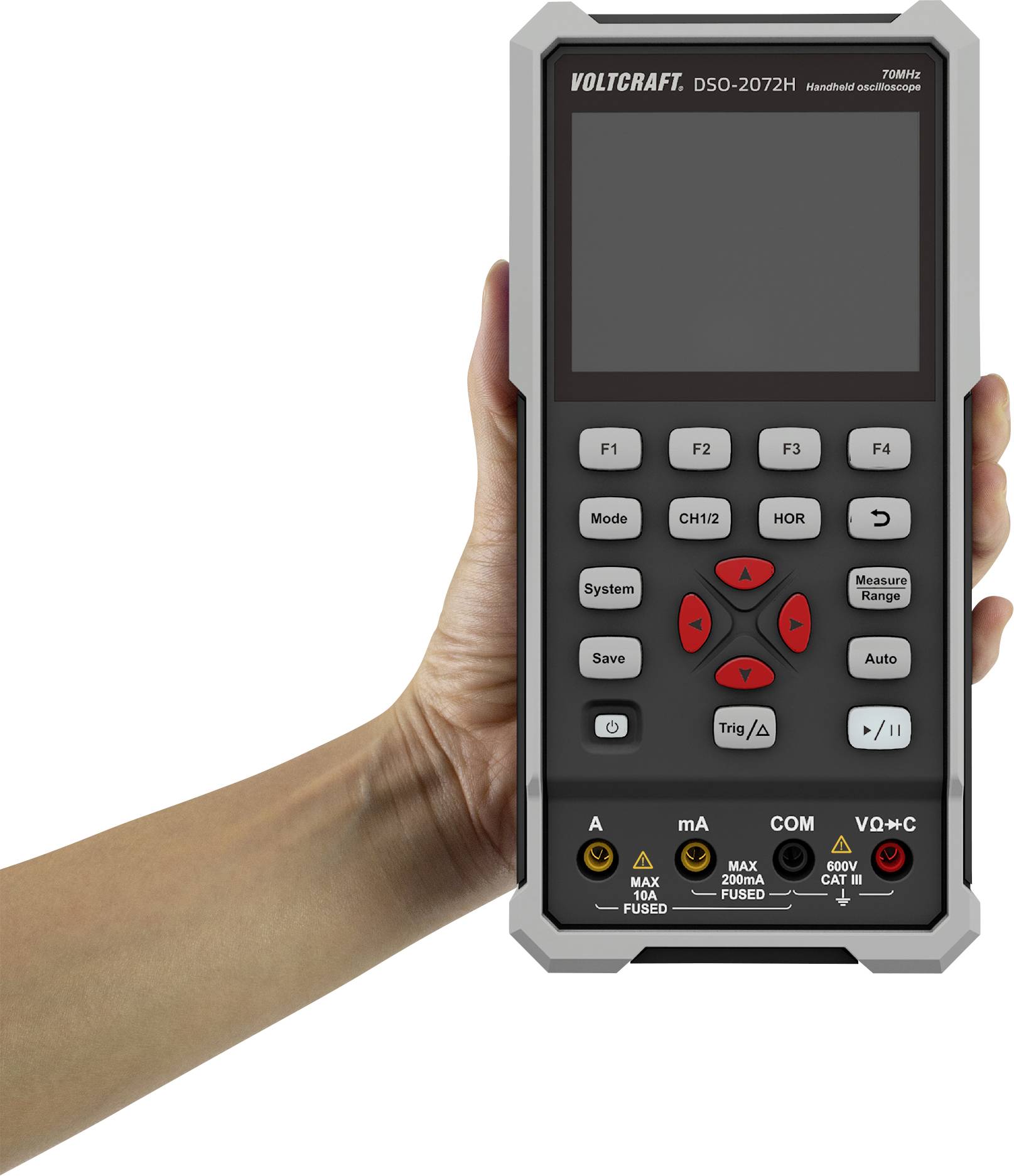 En hånd holder et bærbart oscilloskop fra Voltcraft, model DSO-2072H, med en stor skærm og talrige betjeningsknapper.