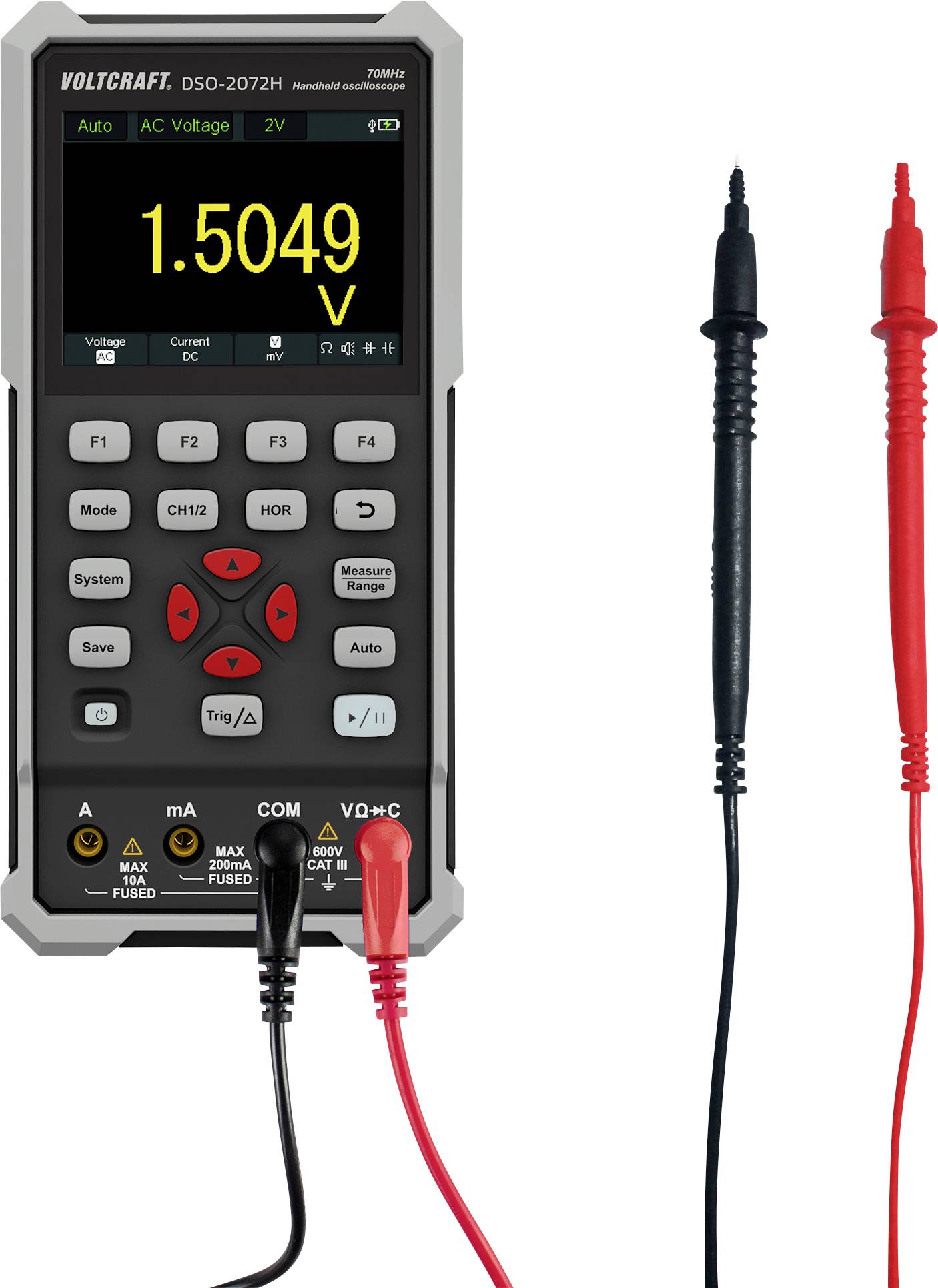 Et digitalt multimeter viser en spænding på 1,5049 V. Til venstre et sort måledkabel, til højre et rødt måledkabel.