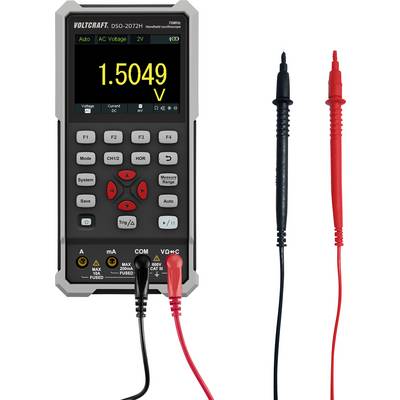 Et digitalt multimeter viser en spænding på 1,5049 V. Til venstre et sort måledkabel, til højre et rødt måledkabel.