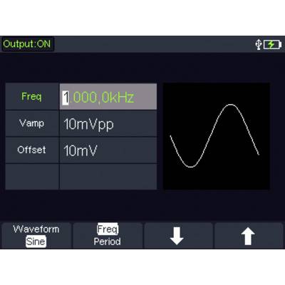 Billede af et oscilloskop-display. Til venstre vises 'Frekvens: 1,000,0 kHz', 'Spænding: 10 mVpp', 'Offset: 10 mV'. Til højre er en sinuskurve.
