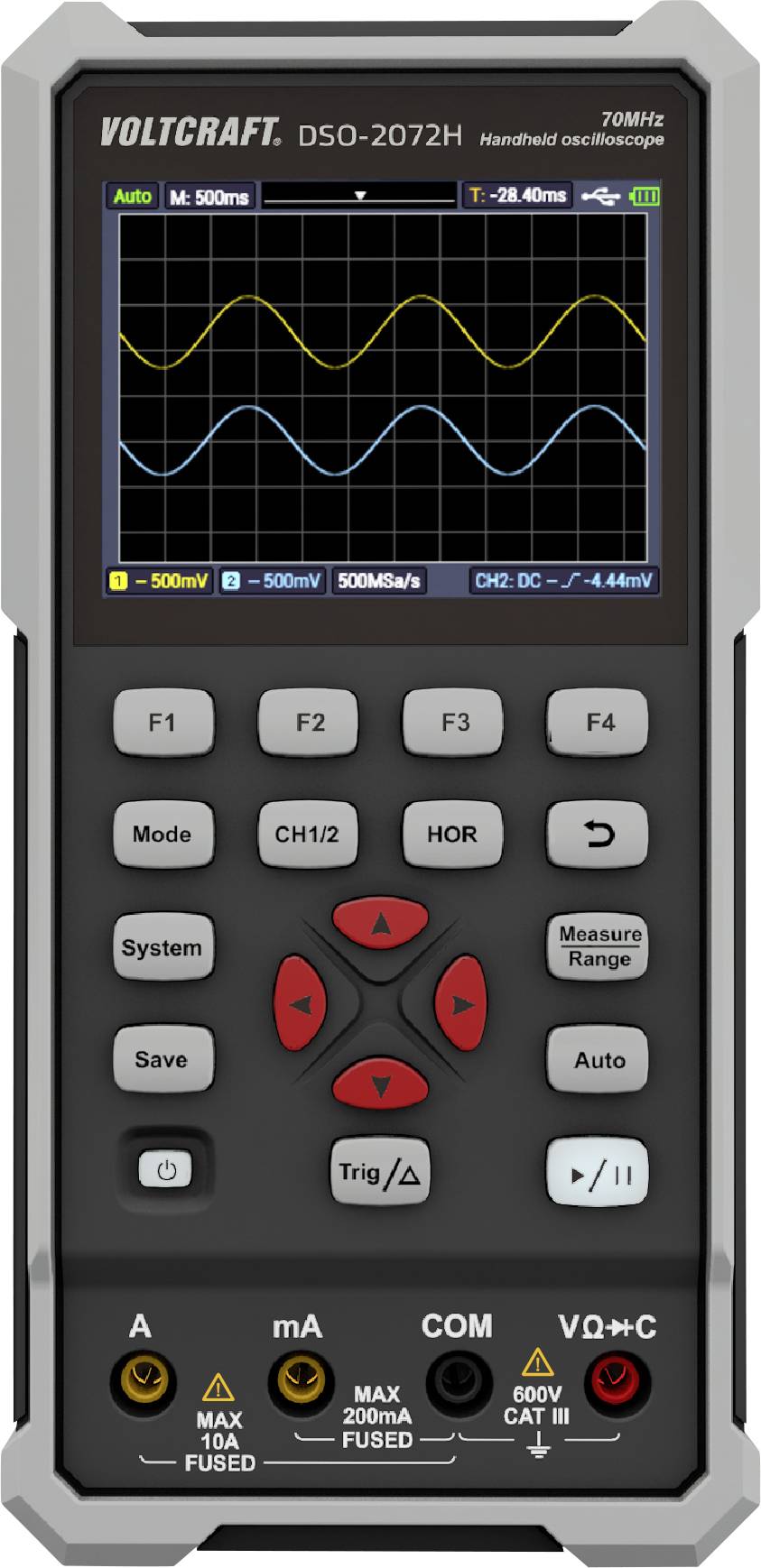 Bærbar oscilloskop-tester med display. Viser to bølgeformede signaler. Forskellige betjeningsknapper til indstillinger. Model Voltcraft DSO-2072H.
