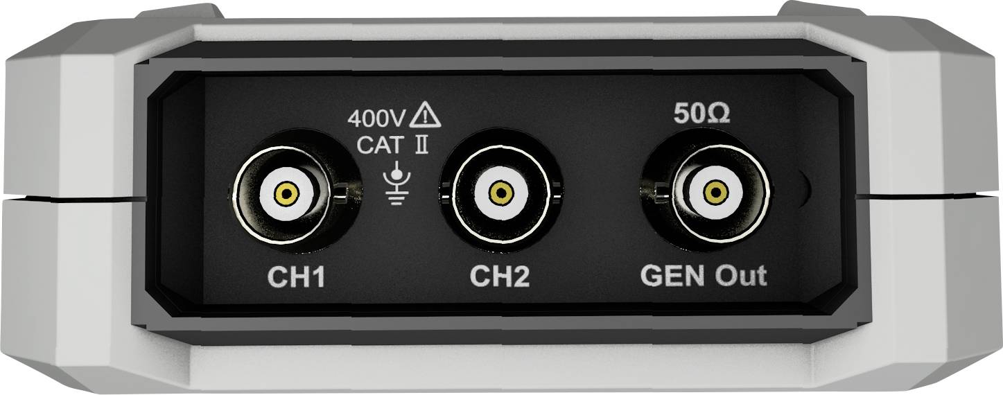 Trekanals måleapparatforbindelse med 'CH1', 'CH2' og 'GEN Out' stik, mærket som 400V CAT II og 50 Ω.