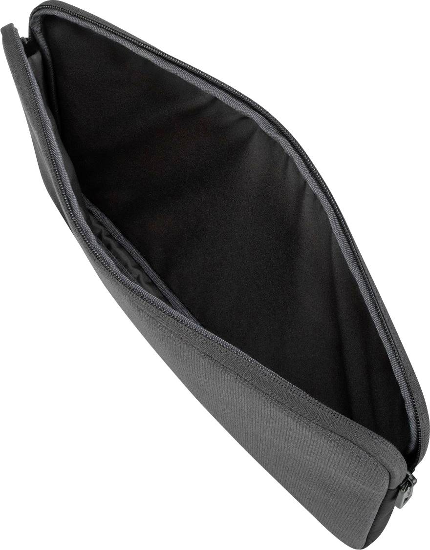 En grå, åben tablet- eller laptoptaske. Indersiden er polstret og mørk, egnet til beskyttelse af en enhed.