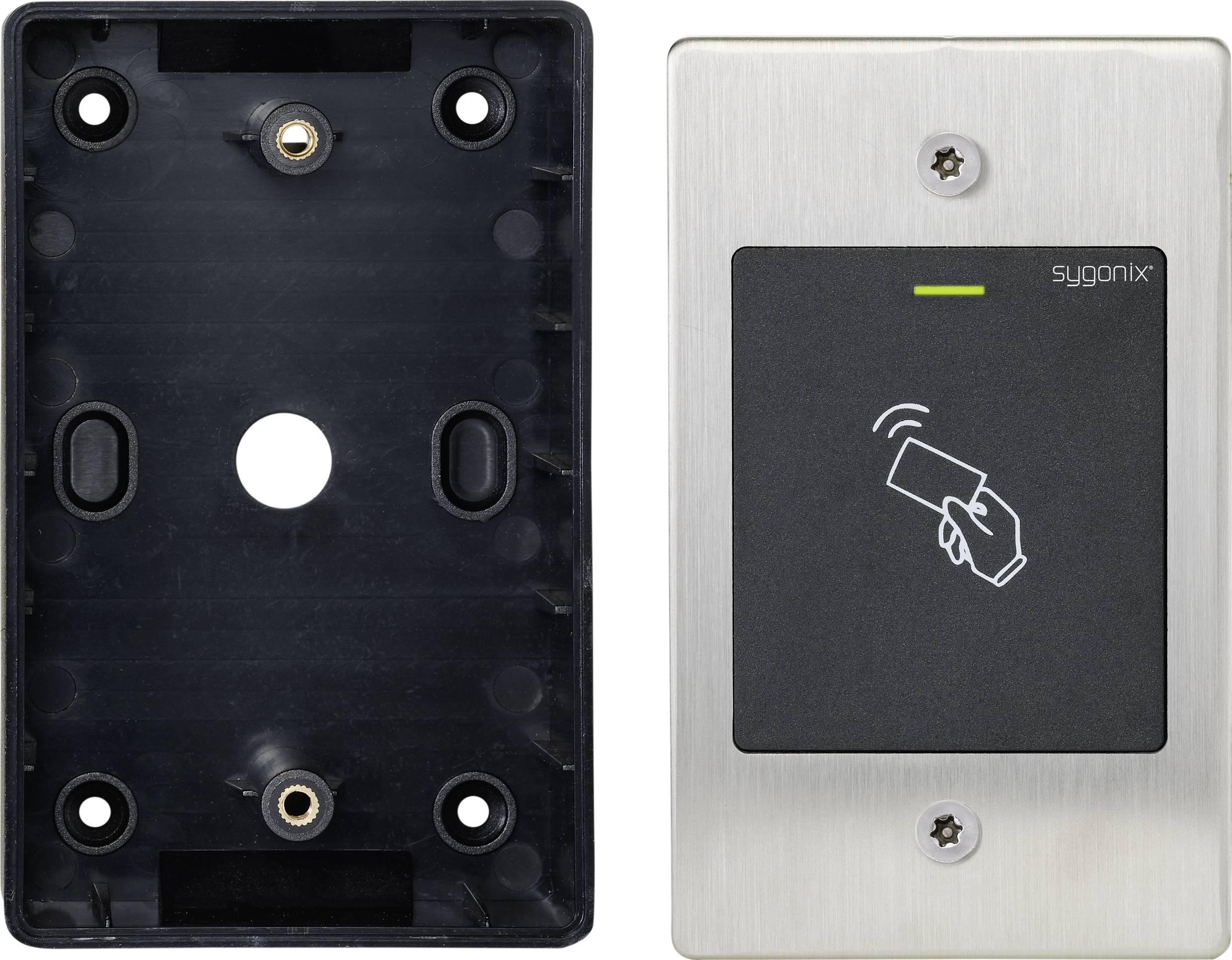 Elektronisk adgangssystem med RFID-læser. Højre side: Metalplade med kortsymbol og LED-indikator. Venstre side: Monteringsbeslag.