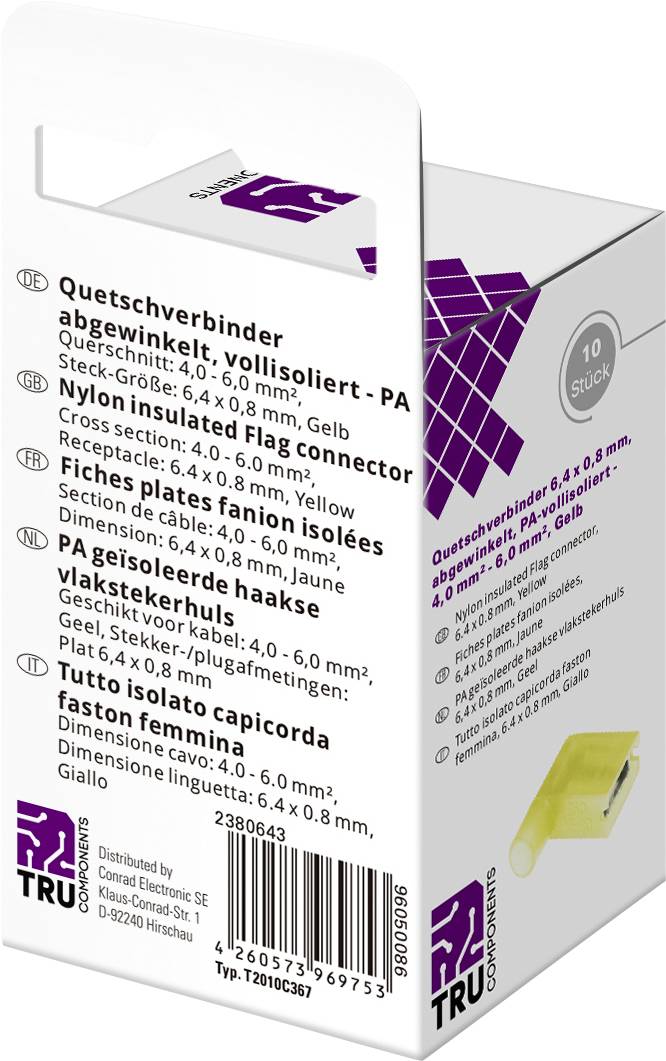 Quetschverbinder-boks med 10 gule, fuldt isolerede stikforbindere. Tekniske detaljer og dimensioner er angivet på emballagen.