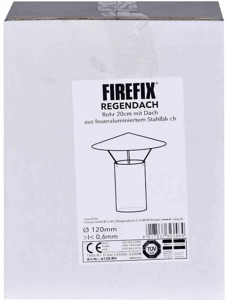 En emballage med påskriften 'FIREFIX REGNTAGRØR 20 cm med tag af brandalumineret stålplade'. TÜV-godkendt.