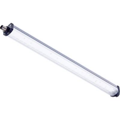 En LED-rør, langstrakt og transparent, med sølvfarvede endekapper.