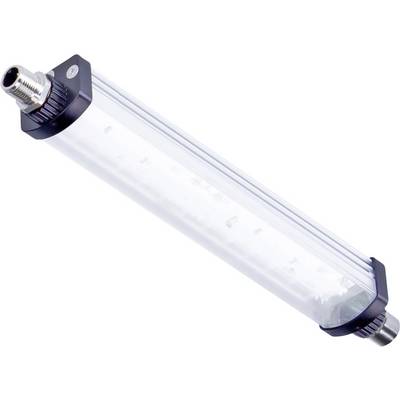 En aflang LED-rørlampe med tilslutninger i begge ender og transparent kabinet.
