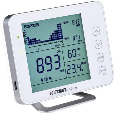 'Voltcraft CO-110' CO2-måleenhed med digitalt display. Visning: 893 PPM CO2, 60% luftfugtighed, 23,4°C. Diagram viser CO2-trend.
