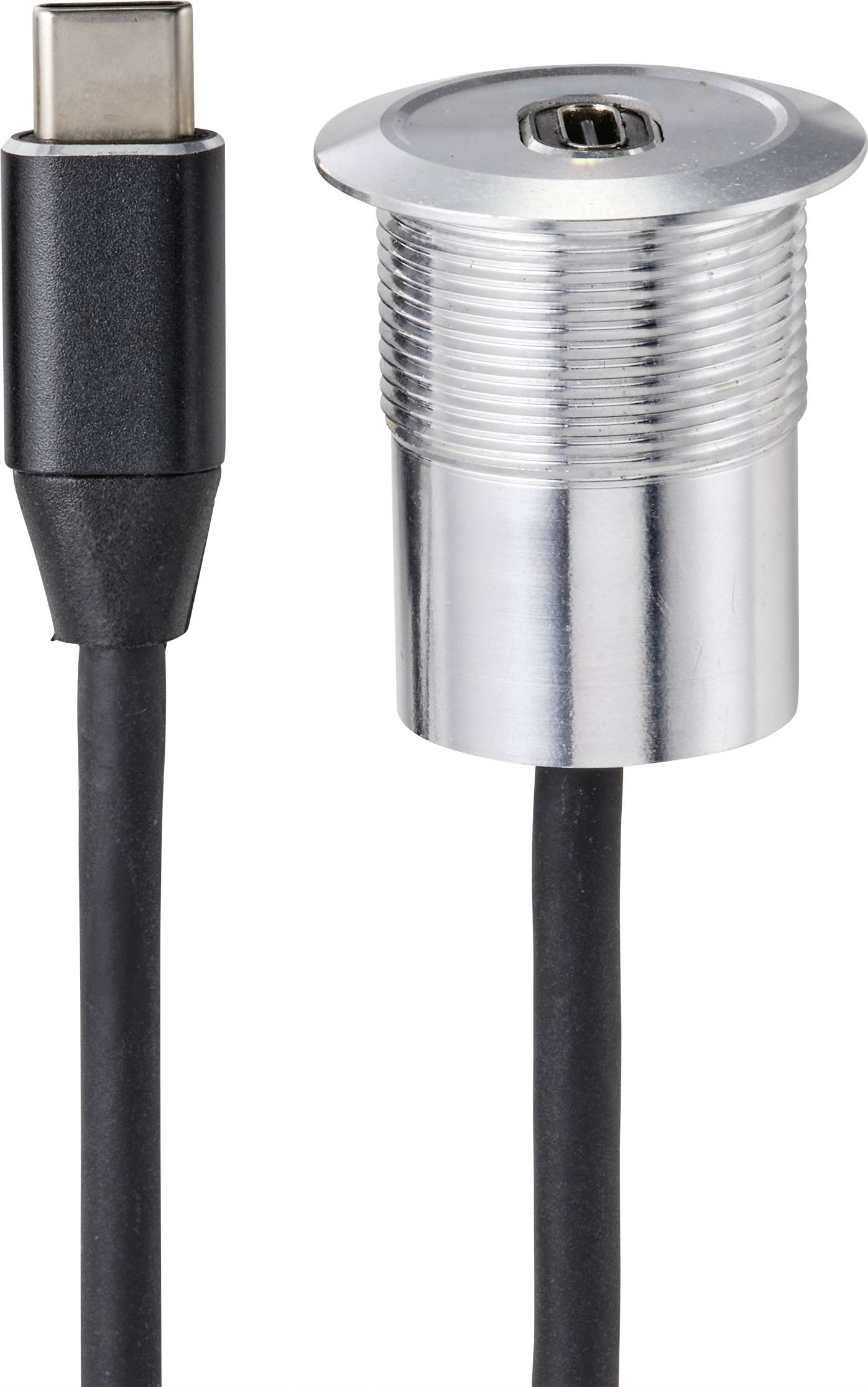 Sort USB-C-kabel og sølvfarvet metalstik, nærbillede på hvid baggrund. Bruges som forbindelsesled mellem elektroniske enheder.