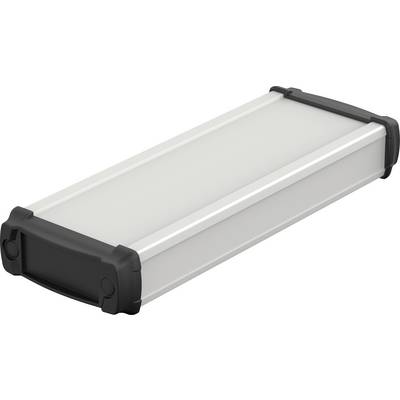 Rektangulær, hvid LED-armatur med sorte endekapper, egnet til indendørs belysning.