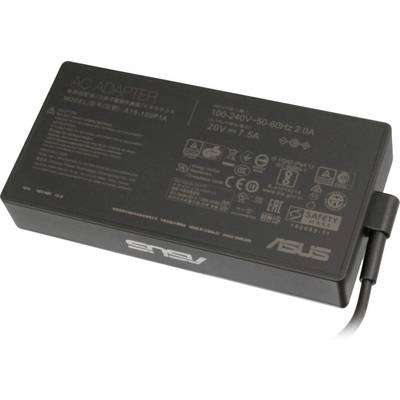 Et sort strømforsyningsadapter med ASUS-logoet og tekniske specifikationer i hvid på overfladen, egnet til 100-240V og 50-60Hz.