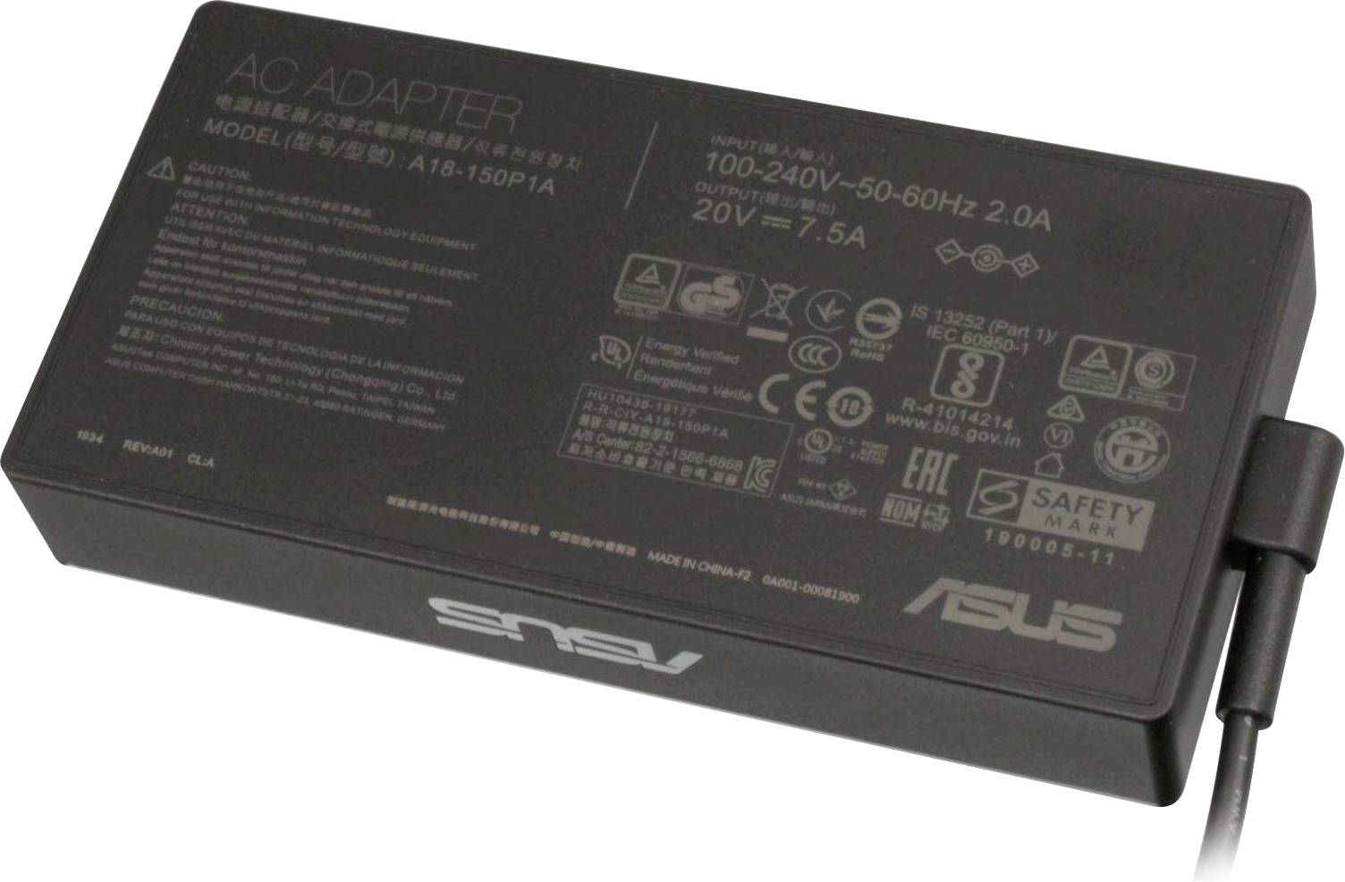 Sort AC-strømforsyning fra Asus med tekniske specifikationer på oversiden, spænding: 20V, strømstyrke: 7,5A.