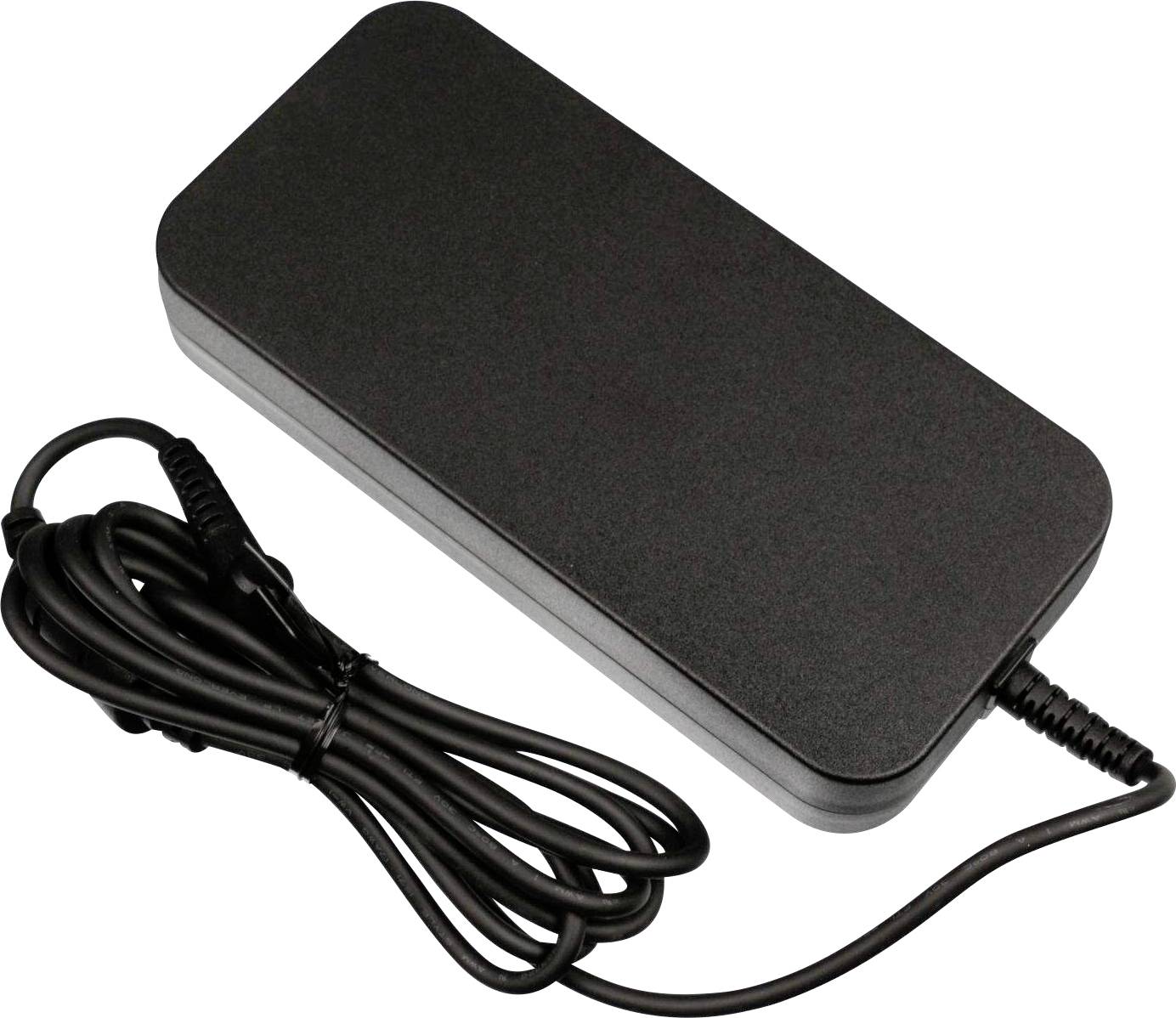 Et rektangulært, sort laptop-oplader med et langt kabel, der er tilsluttet i højre side.