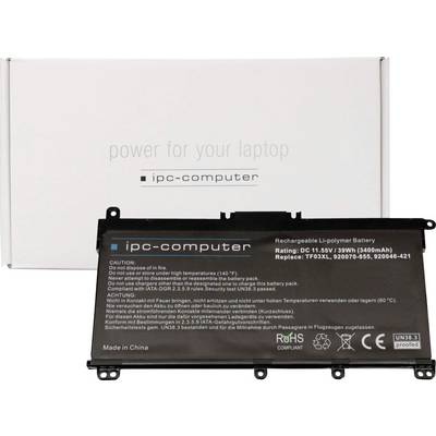 IPC-Computer L-Polymer genopladeligt batteri med 11,55V, 39Wh. Emballage i baggrunden med sloganet 'strøm til din bærbar'.