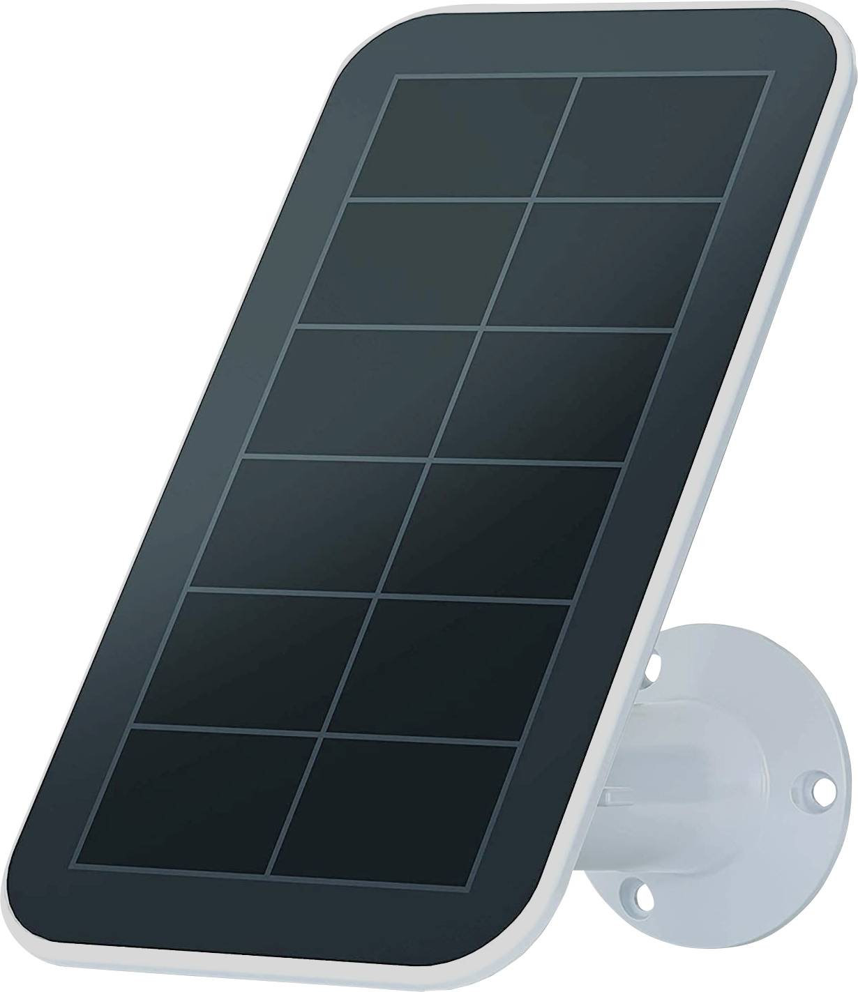 Solarpanel med rektangulær form, monteret på et hvidt beslag; bruges til at omdanne solenergi til elektrisk strøm.