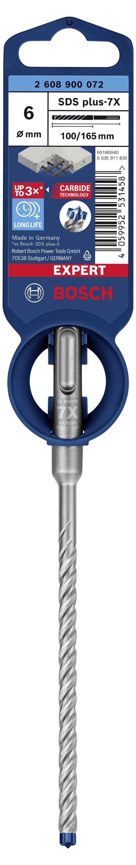 Bosch SDS plus-7X mejselbor, viser størrelsen 6 mm x 100/165 mm og 'EXPERT'-teknologi til mere effektiv boring i beton.
