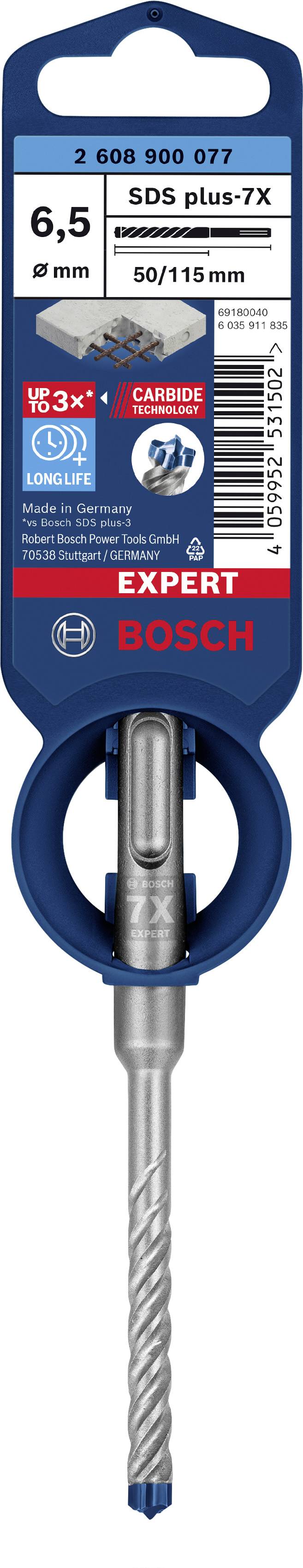 Bor med SDS plus-7X, diameter 6,5 mm, længde 115 mm. Emballagen viser varemærkelogo, produktegenskaber og fremstilling i Tyskland.