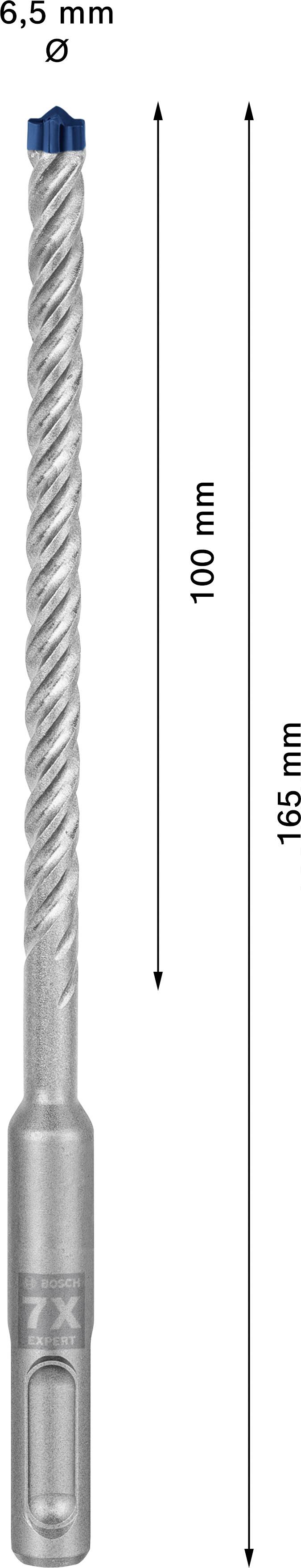 Borevedhæng, 6,5 mm diameter, 165 mm samlet længde, 100 mm brugbar længde, fremstillet af metal med spiralformet gevind.