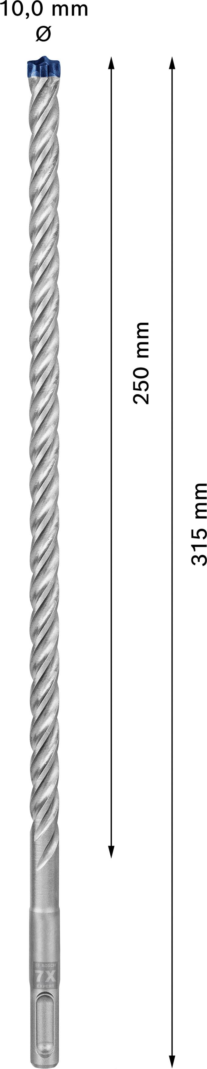 Bor med diameter 10,0 mm og samlet længde 315 mm, brugslængde 250 mm. Spiralformet, sølvfarvet, med blå ende øverst.