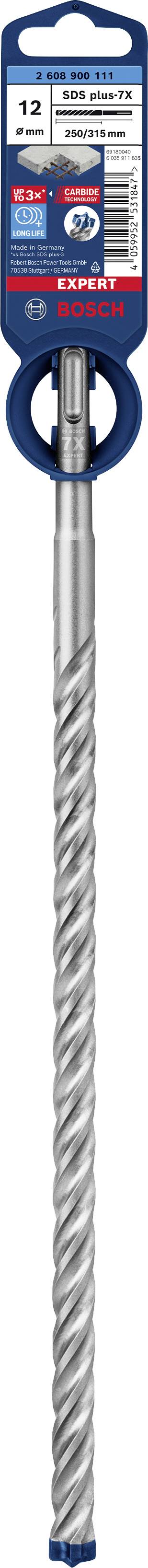 Bor med blå emballage og etiket. Mærke: Bosch. Størrelse: 12 mm x 200 mm. Optimal til beton og murværk. Spiraldesign.