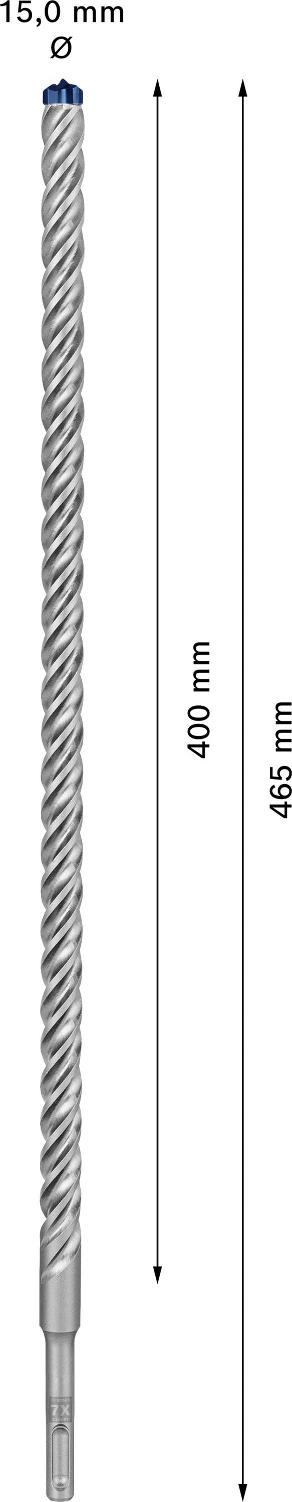 Borehoved med to pile; en viser '400 mm' og den anden '465 mm'. Diameter øverst er '15,0 mm'.