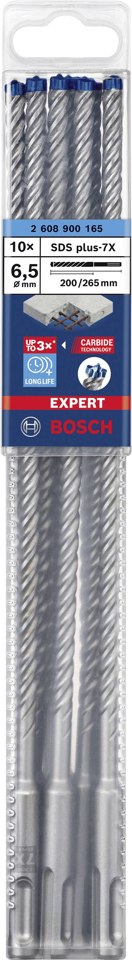 Pakke med ti 'Bosch Expert SDS plus-7X' bor, størrelse 6,5 mm, egnet til beton. I blisterpakning med varemærkelogo og produktdetaljer.