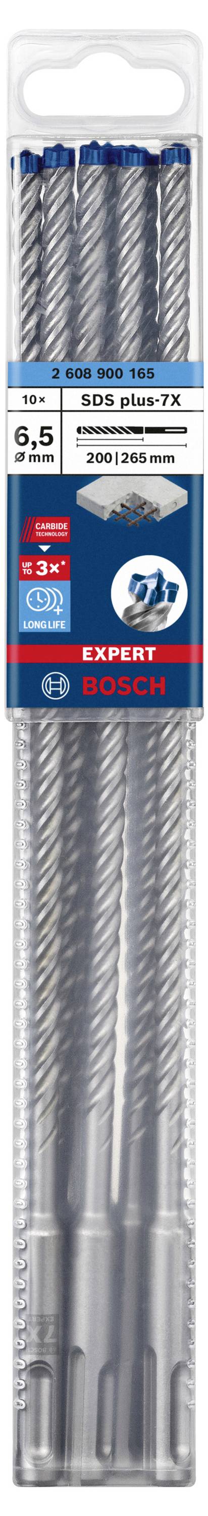 Bosch SDS plus-7X boresæt i plastikpakning, bestående af fire betonbor med forskellige diametre.