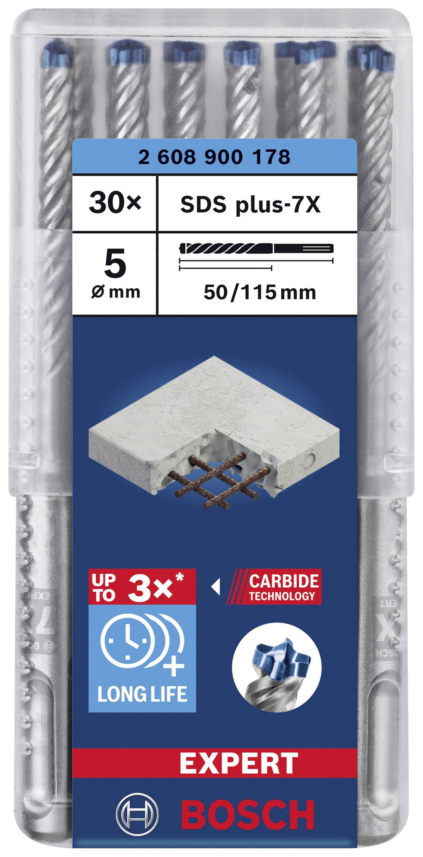 Bosch Boresæt 'SDS plus-7X', 30 stk., Ø 5 mm, 50/115 mm. Til beton, med karbidteknologi. Længere holdbarhed, ekspert-kvalitet.