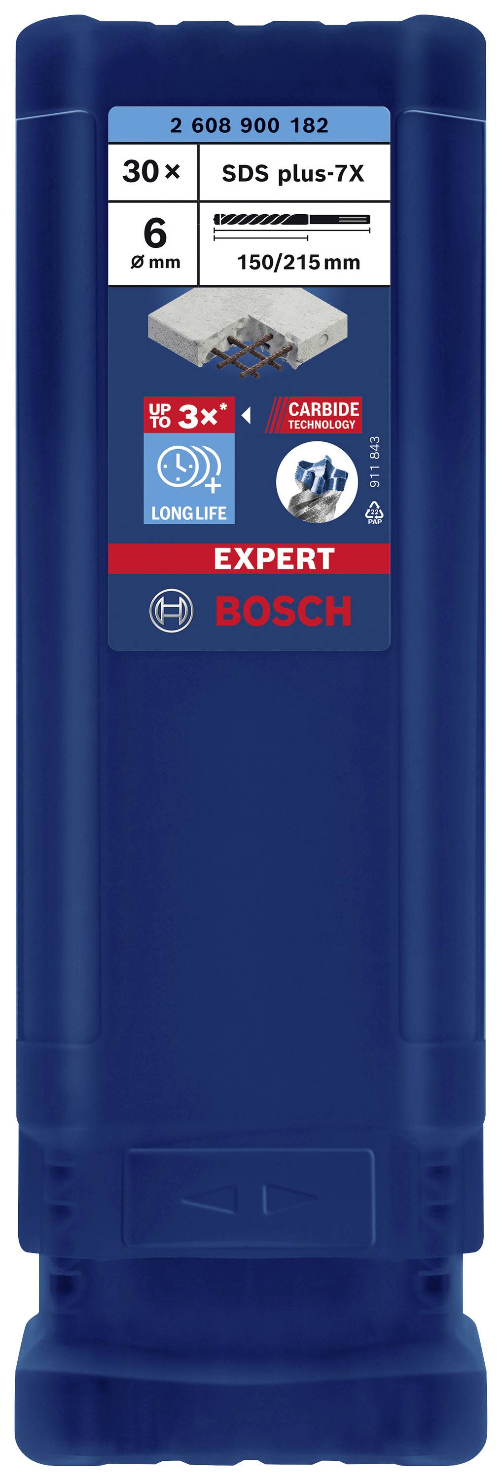 Blå emballage med påskrift 'Bosch Expert SDS plus-7X', indeholder 30 bor med en diameter på 6 mm og en længde på 150/215 mm.