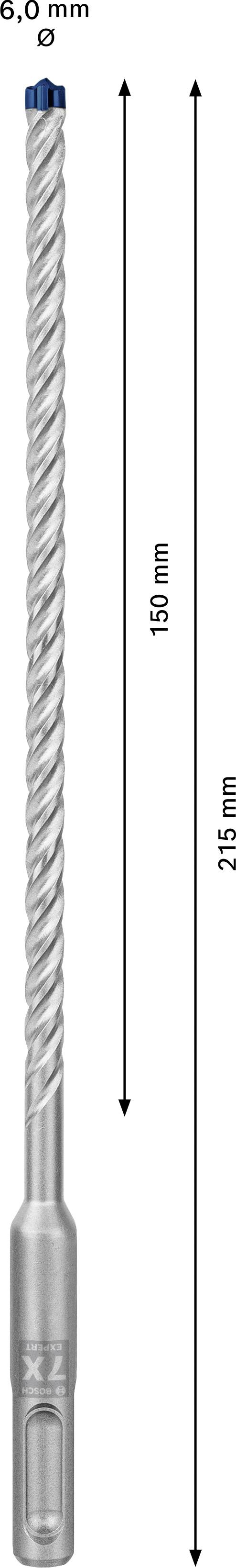 Bor med to pile til angivelse af længde: Arbejdslængde 150 mm og total længde 215 mm. Diameter øverst: 6,0 mm.