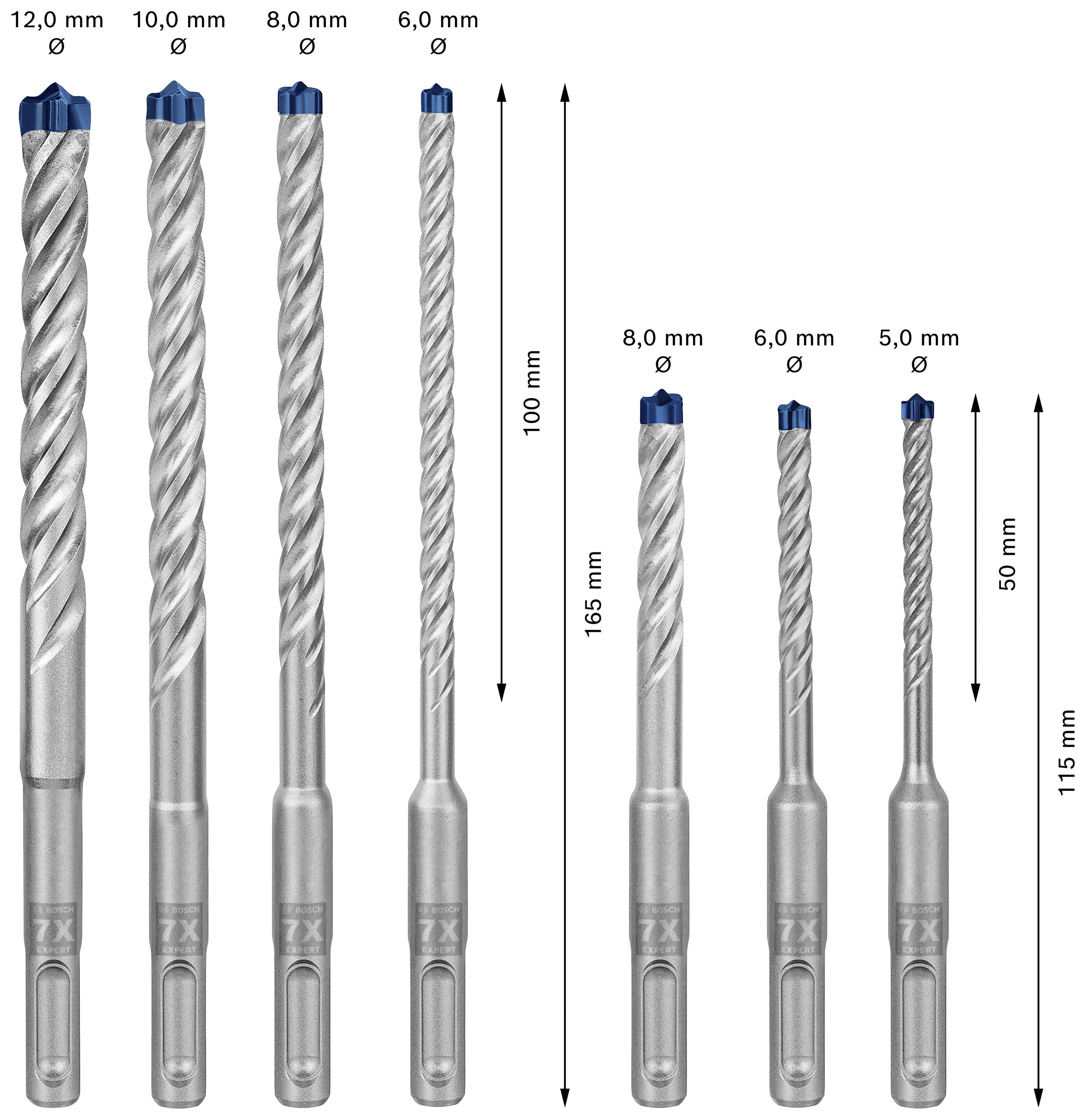 'Sæt af bor i forskellige diametre: 12,0 mm, 10,0 mm, 8,0 mm, 6,0 mm. Længder: 165 mm, 115 mm og 100 mm.'