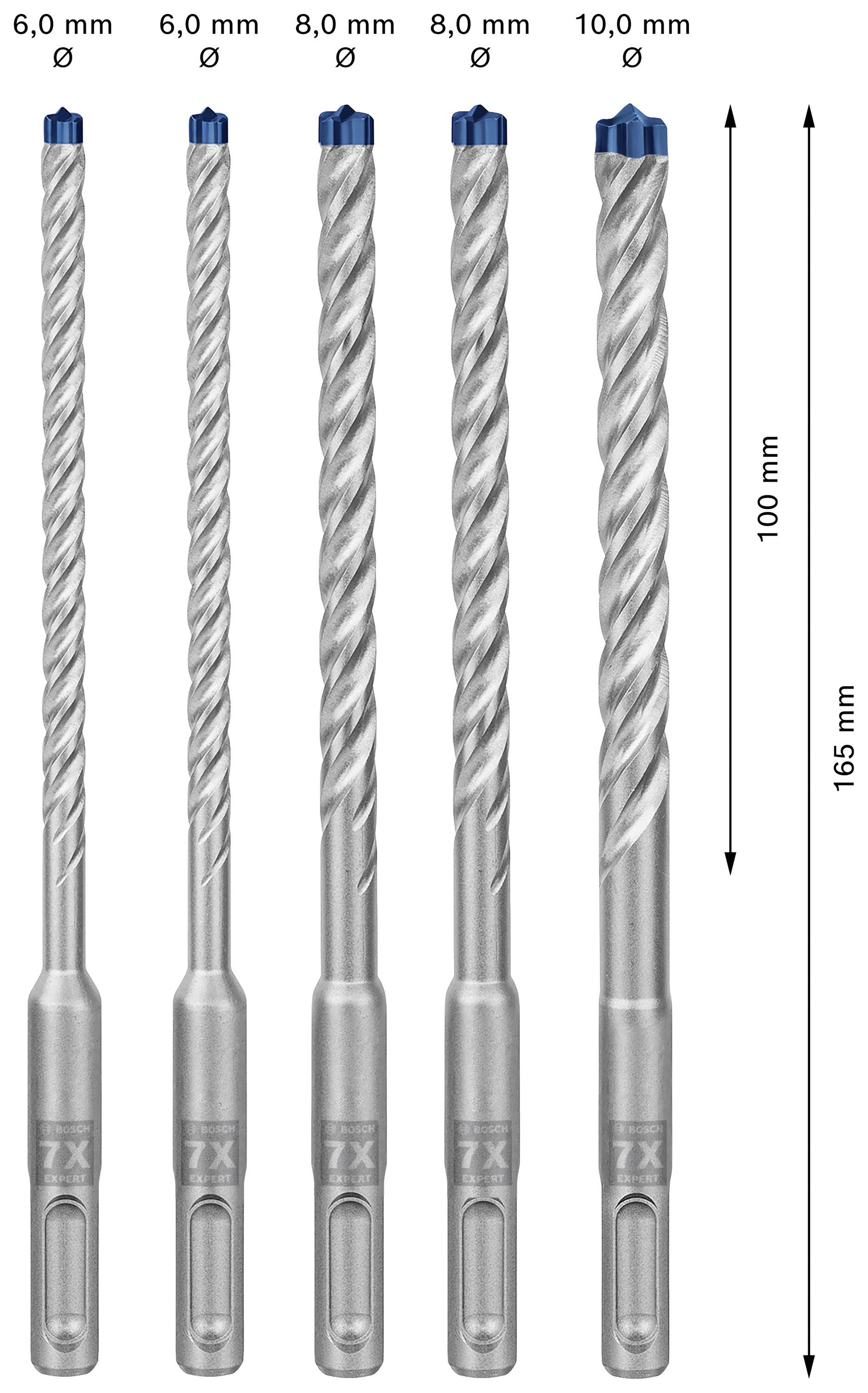 Fem bor med SDS-Plus-skaft i forskellige diametre (6 mm til 10 mm) og længder. Egnede til betonboring.