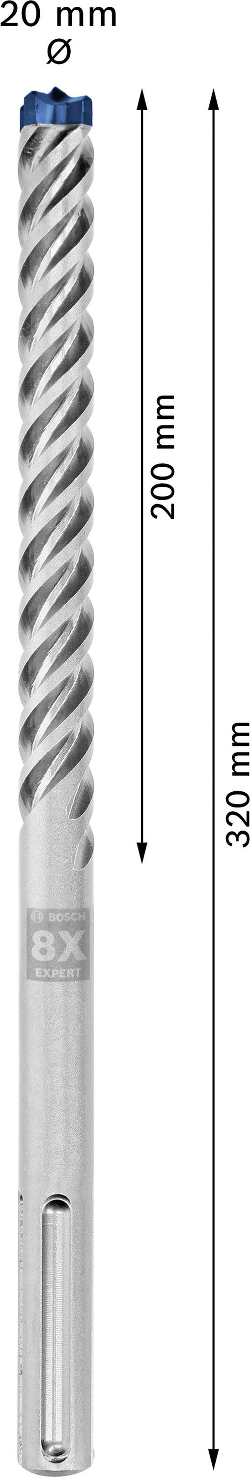 Bor med 20 mm diameter og 320 mm længde, heraf 200 mm arbejdslængde, med spiralformet boreflade.
