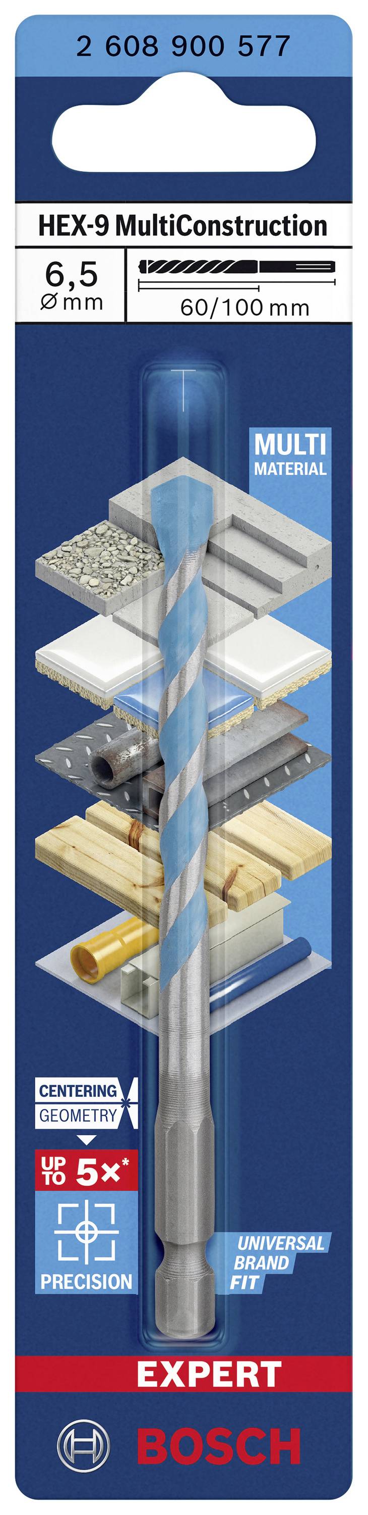 'Bosch' bor HEX-9 MultiConstruction, 6,5 mm, længde 60/100 mm, til forskellige materialer. Forbedret konstruktion for mere præcision og holdbarhed.