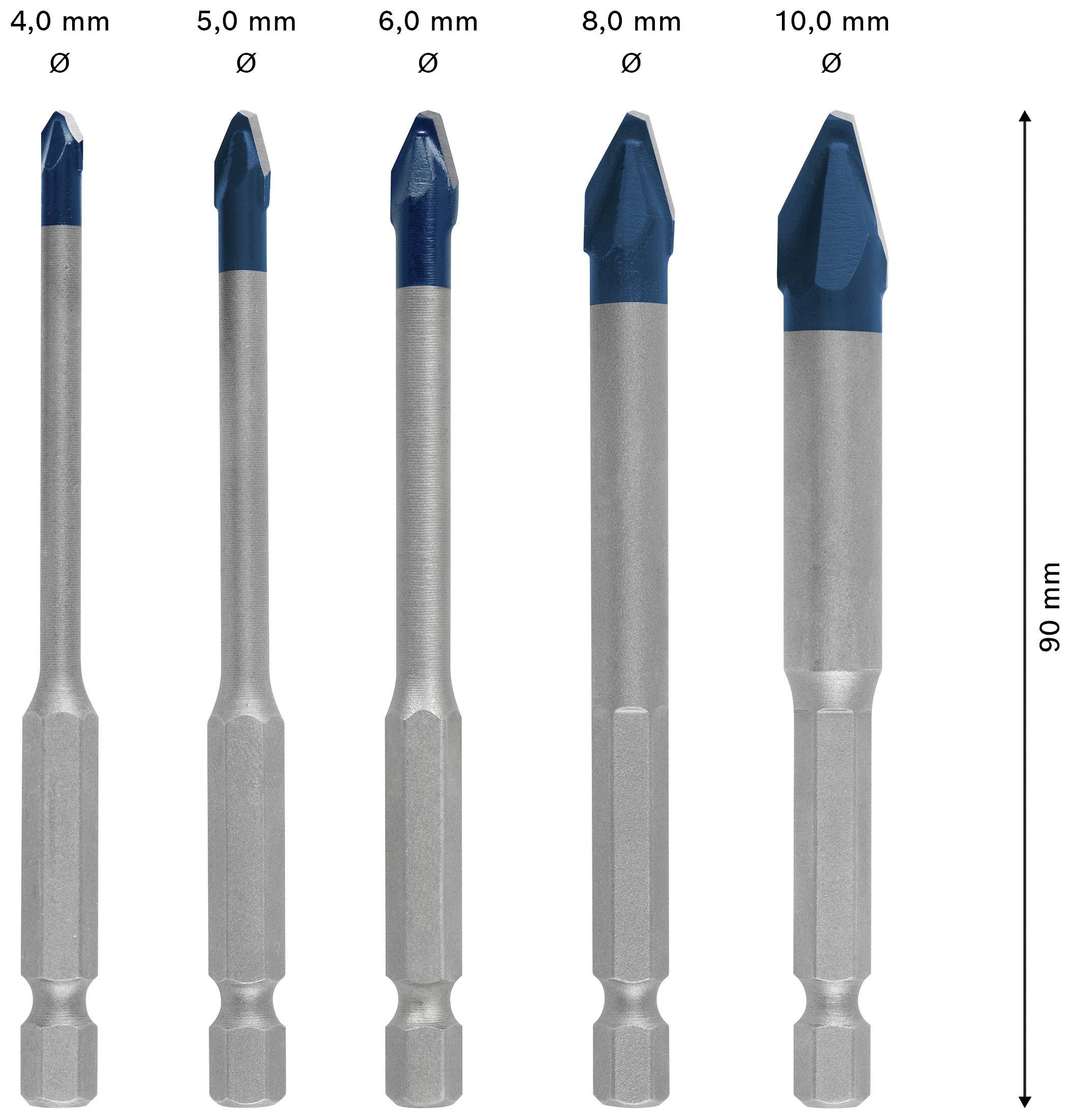 Fem bor i forskellige størrelser (4,0 mm til 10,0 mm) er arrangeret i en række, hver med blå spidser. Den samlede længde er 90 mm.