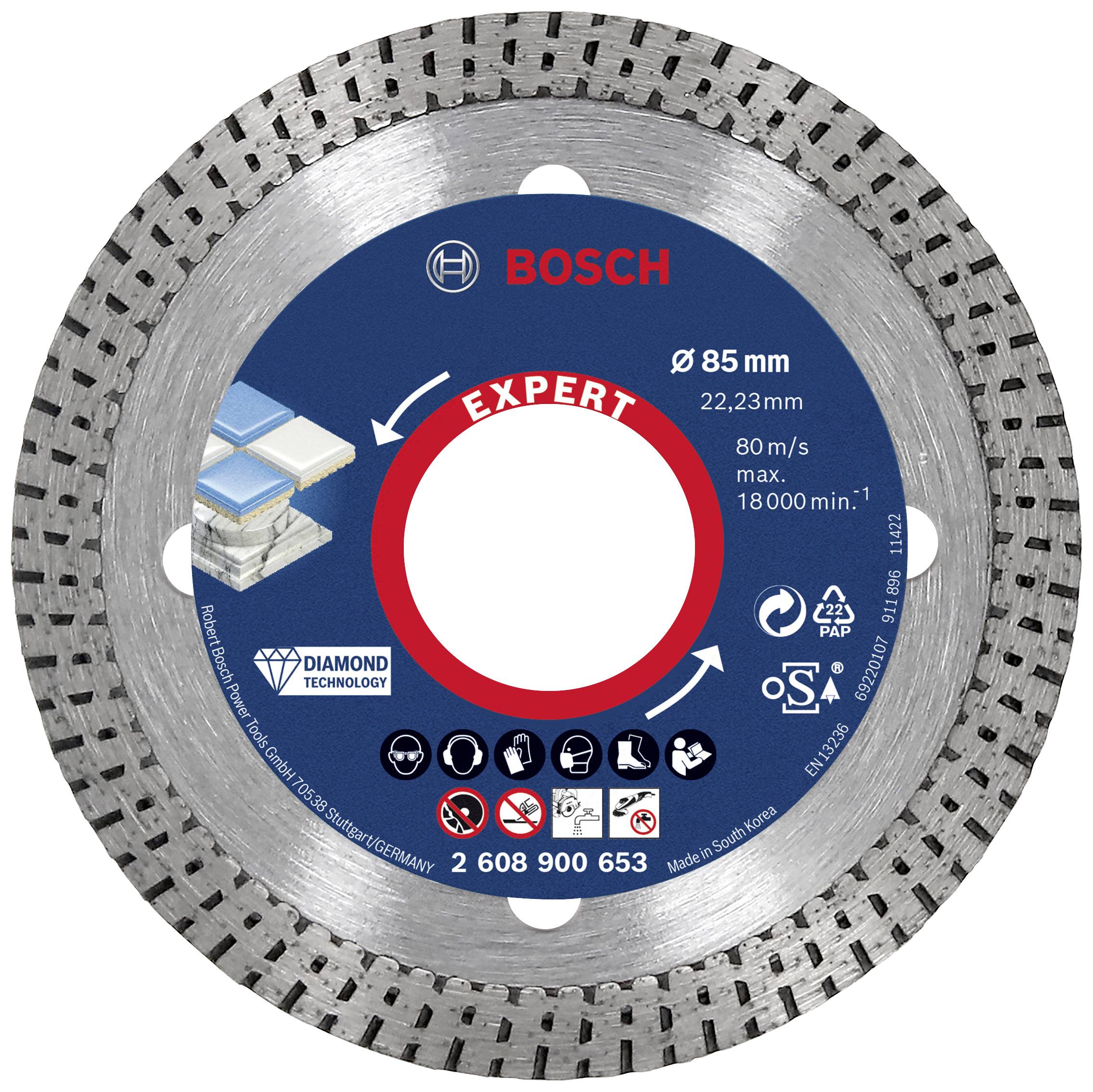 Rundsavsklinge til fliser, 'Bosch Expert', 85 mm diameter, med symboler for sikkerhedsforanstaltninger og teknologiske detaljer.