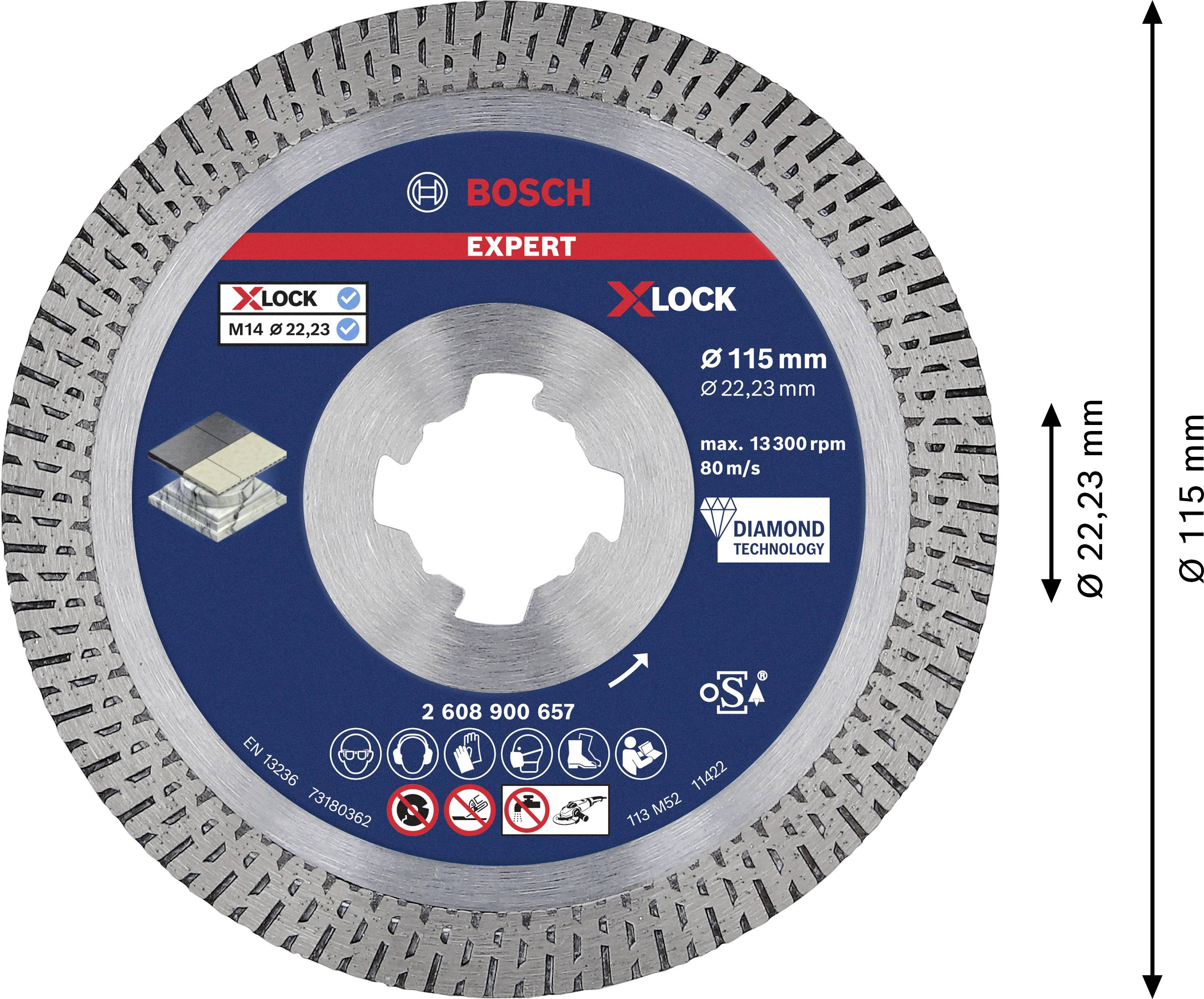 'Bosch Expert X-Lock' diamantskive, diameter 115 mm, boring 22,23 mm. Maksimal omdrejningshastighed 13.300 o/min.