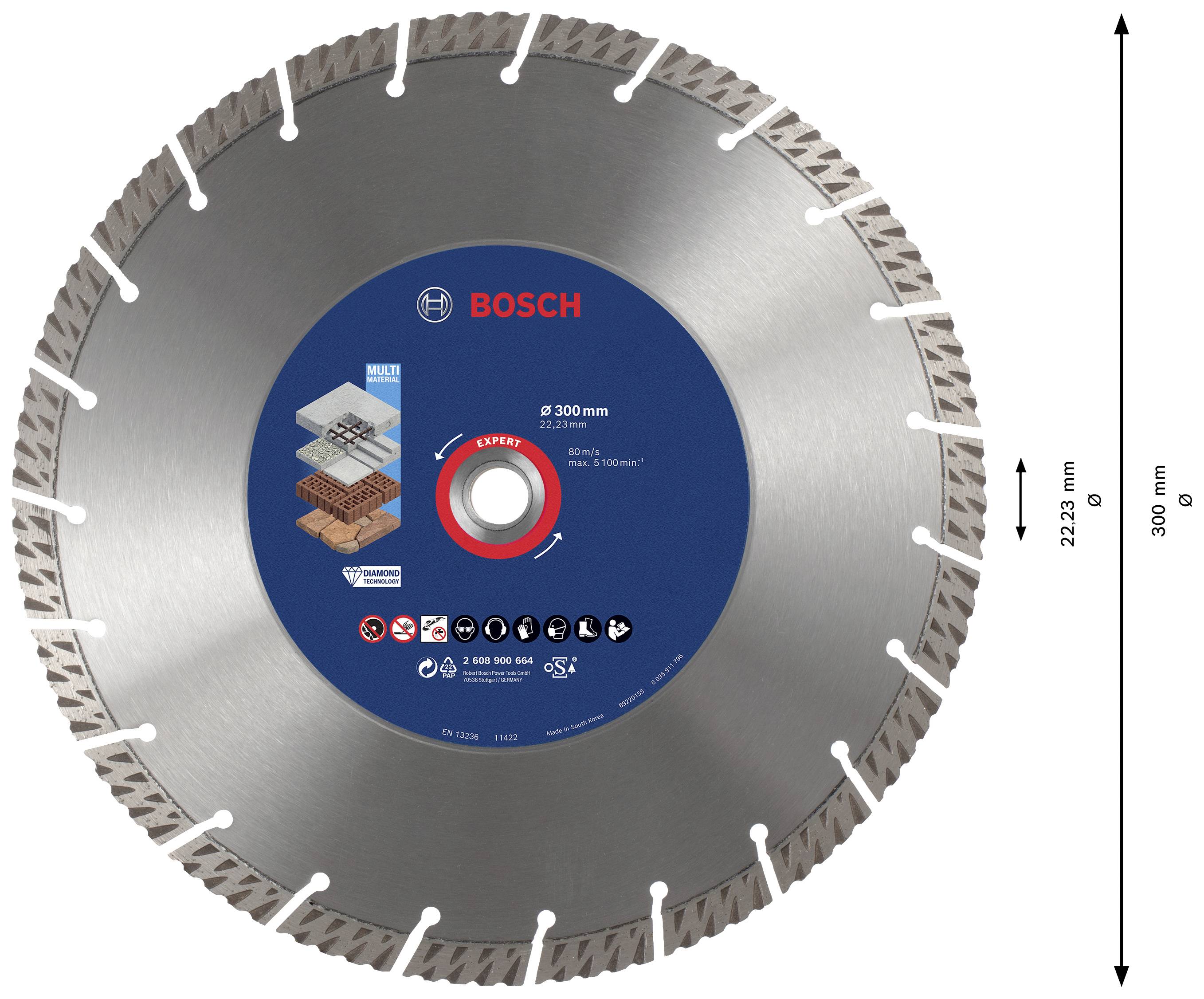 Bosch diamantskæreskive, 300 mm diameter, til beton og sten, viser detaljer om kompatibilitet og anvendelse.