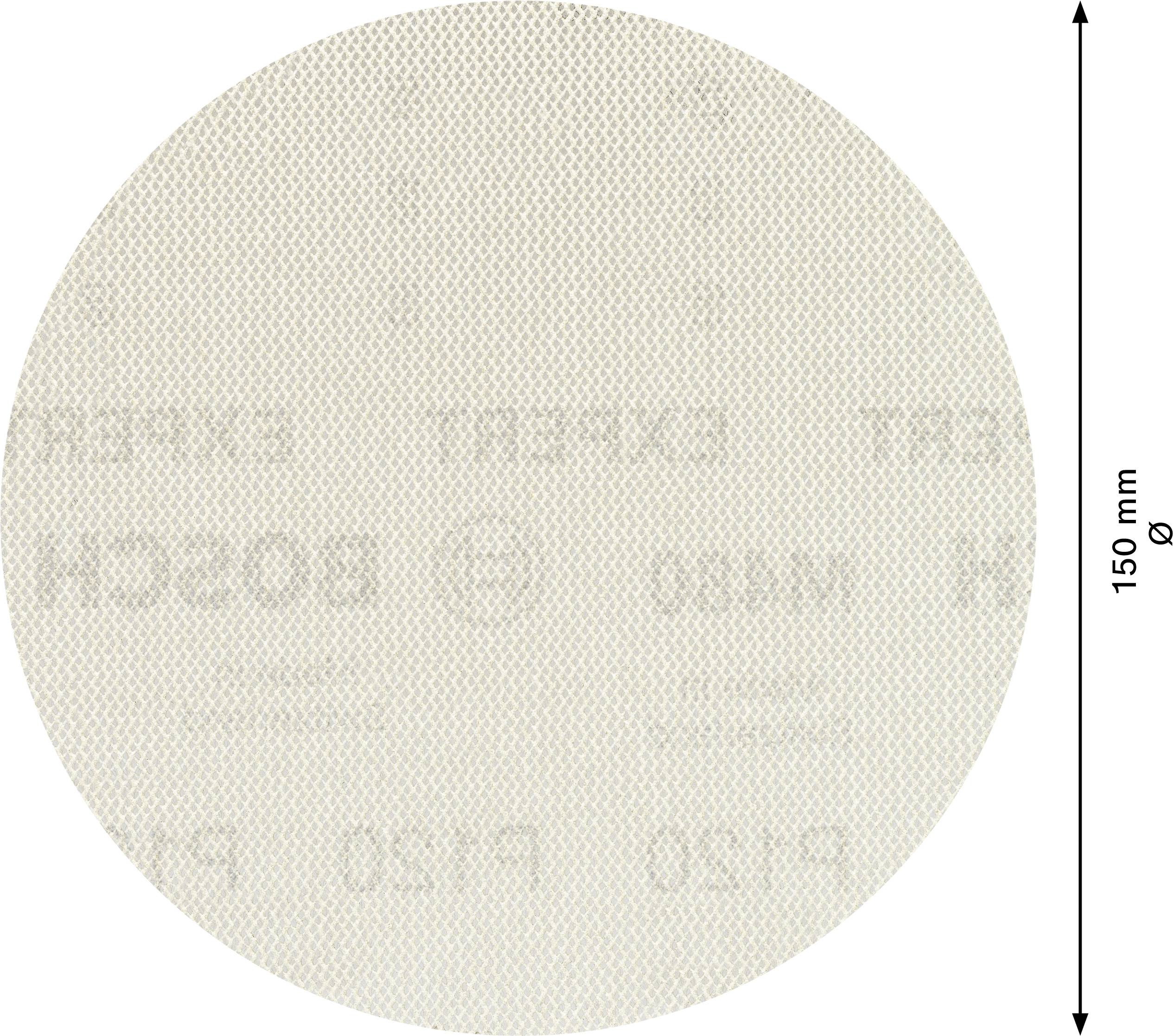 Cirkelformet slibepapir med Bosch- og P150-tryk, diameter 150 mm, finkornet, til træbehandling eller lignende anvendelser.