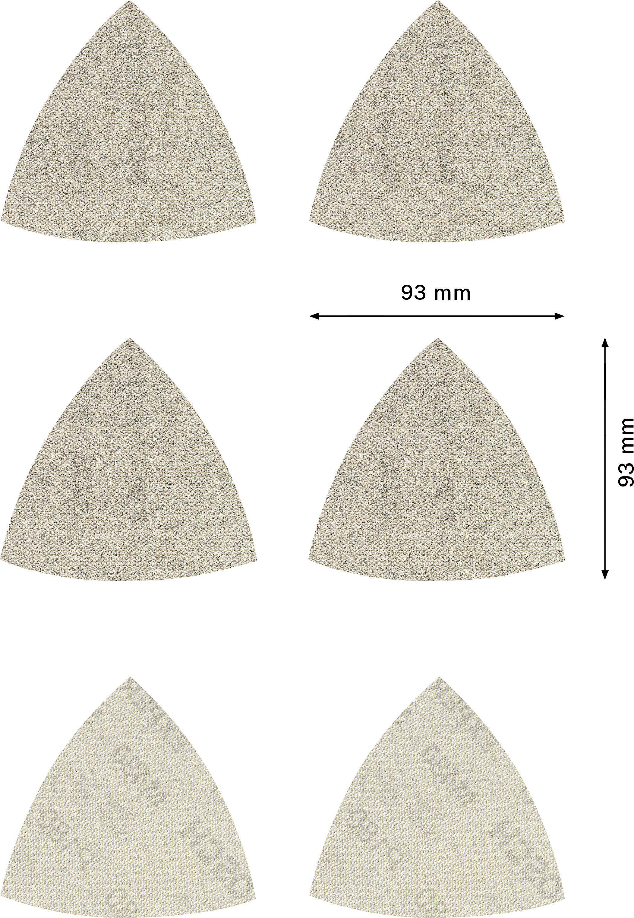 Seks trekantede slibeblade i to rækker. En pilmarkering viser dimensionerne: 93 mm x 93 mm.