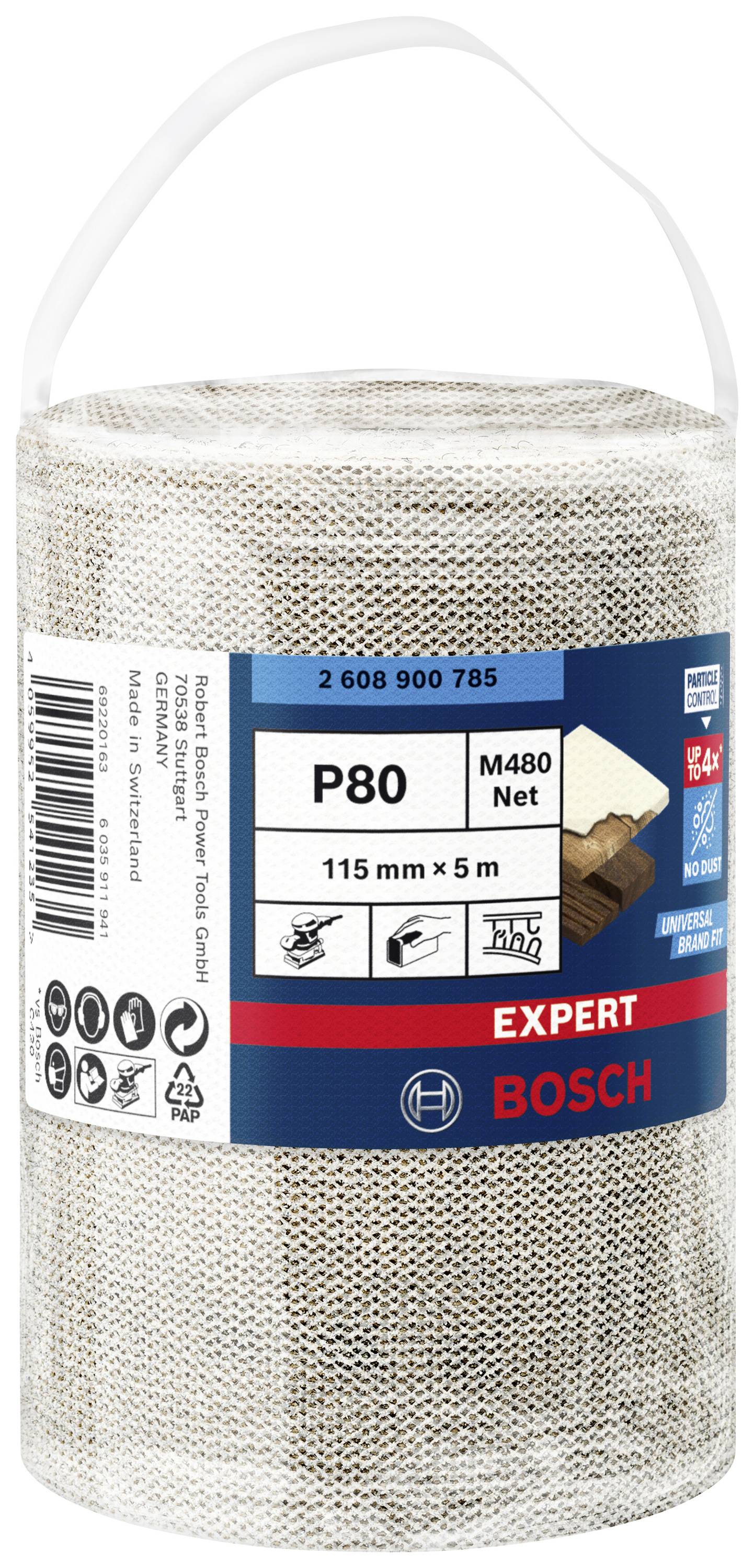 En rulle sandpapir med kornstørrelse P80, mærke Bosch, velegnet til 115 mm x 5 m, til træ og maling. Emballagen viser produktoplysninger og symboler.