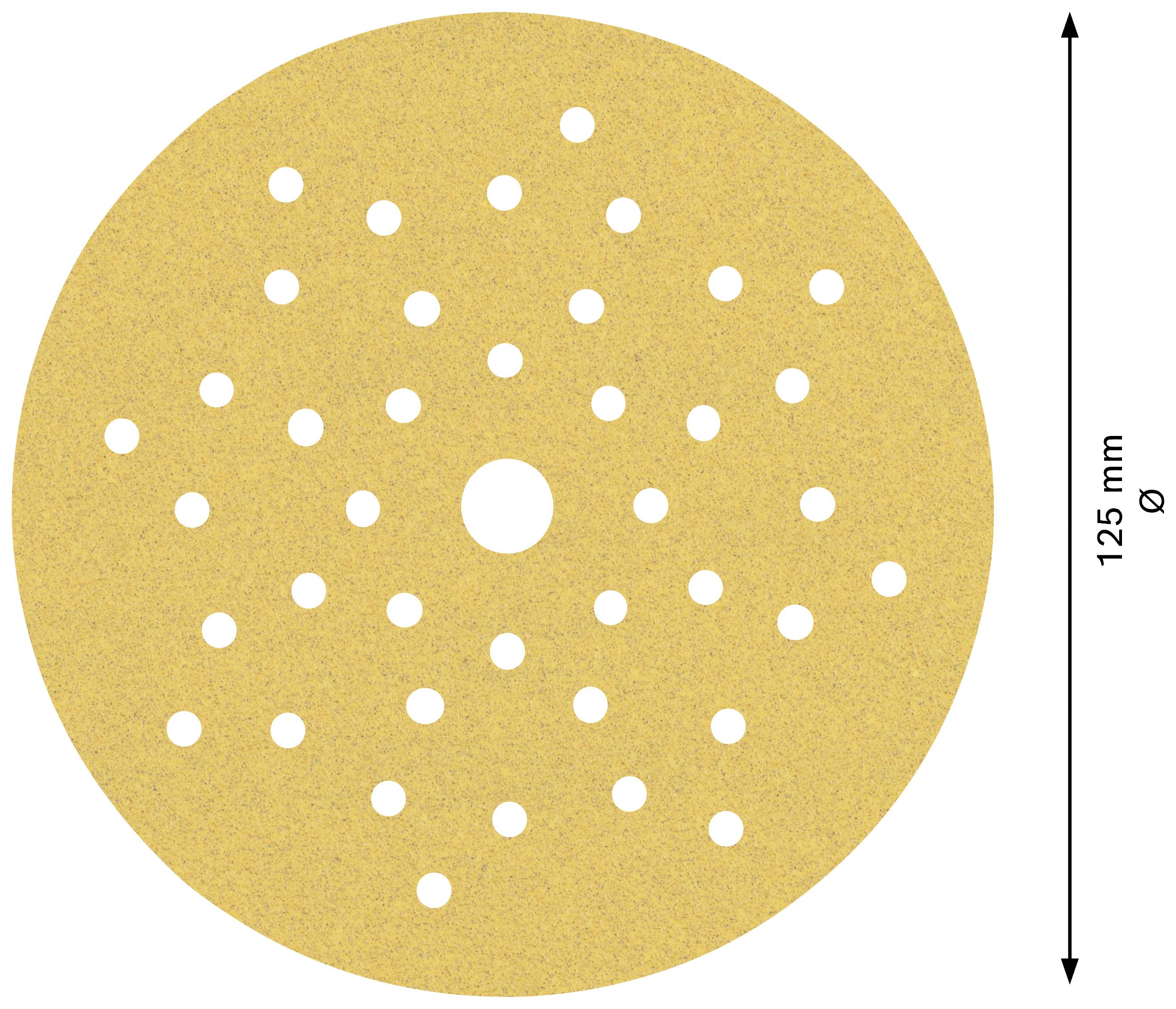 Et rundt sandpapir med flere små huller og en central åbning, diameter 125 mm.