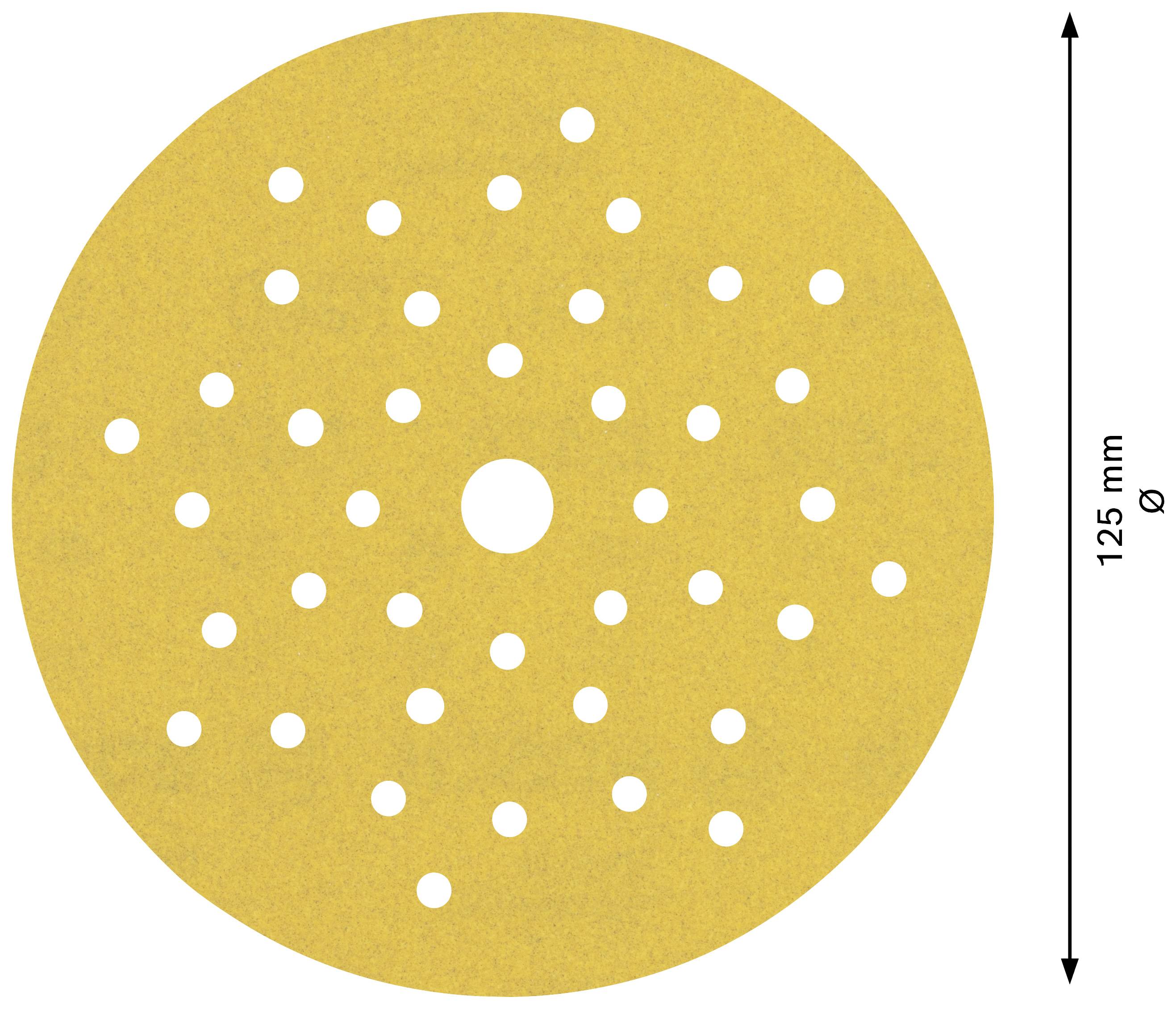 Et rundt slibepapir med mange huller, 125 mm i diameter, gult.