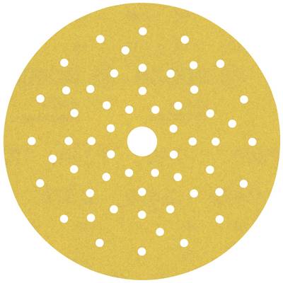 Rundt slibepapir med mange små huller til effektiv slibning. Gul farve. Velegnet til træ- og metalarbejde.