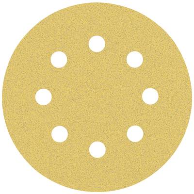 Et rundt, beige slibepapir med otte huller jævnt fordelt, som bruges til glatte overfladebehandlinger eller træarbejde.