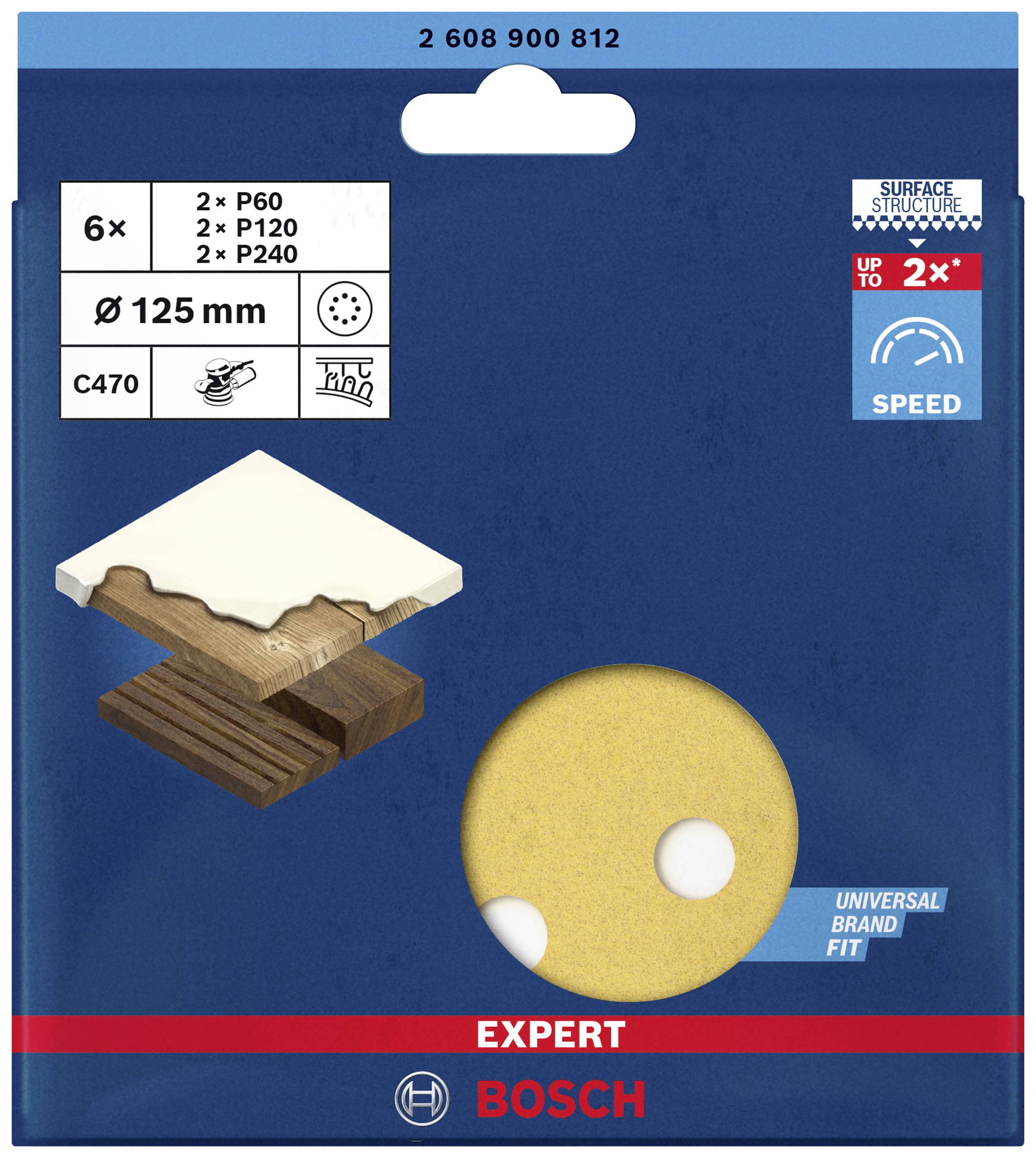 'Bosch Expert slibepapir, 6 stk., Ø 125 mm, Kornstørrelse: 2x P60, 2x P120, 2x P240, Universal mærketilpasning, Egnet til træ og puds.'